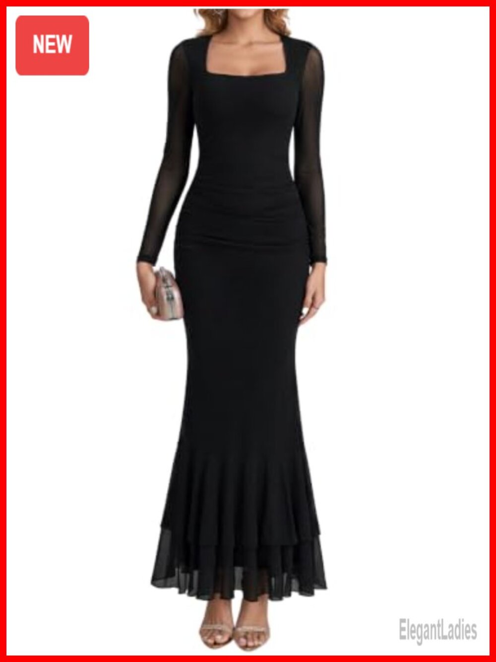 Square Neck Long Sleeve Mermaid Maxi Dress Stretch Mesh Ruched Formal
